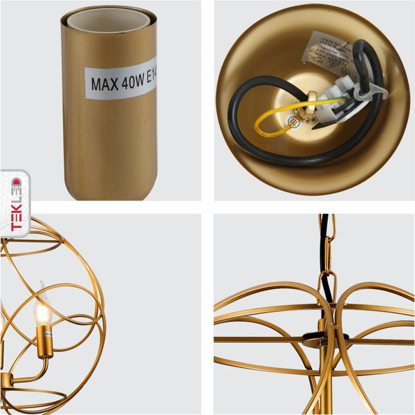 Gold Aluminium Bronze or Black Globe Cage Pendant Chandelier Ceiling Light E14