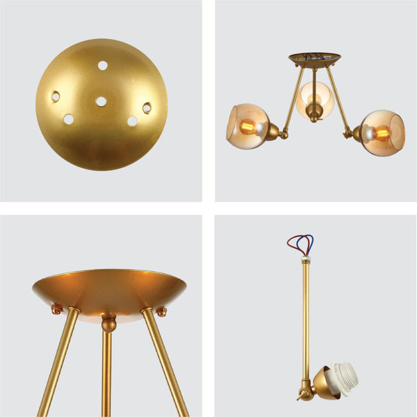 Gold Hinged Metal Amber Dome Glass Ceiling Light E27 Fittings