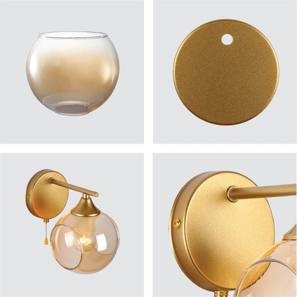 Gold Hinged Metal Amber Dome Glass Wall Light E27 Pull Down Switch
