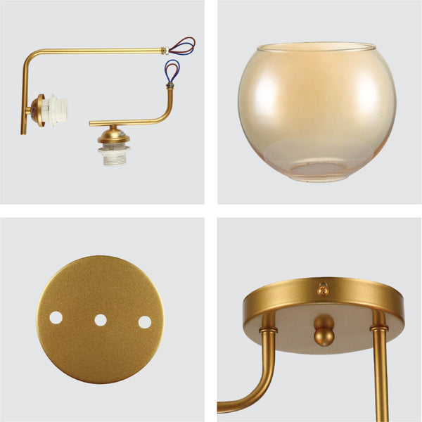 Gold L shape Metal Amber Dome Glass Ceiling Light E27 Fittings