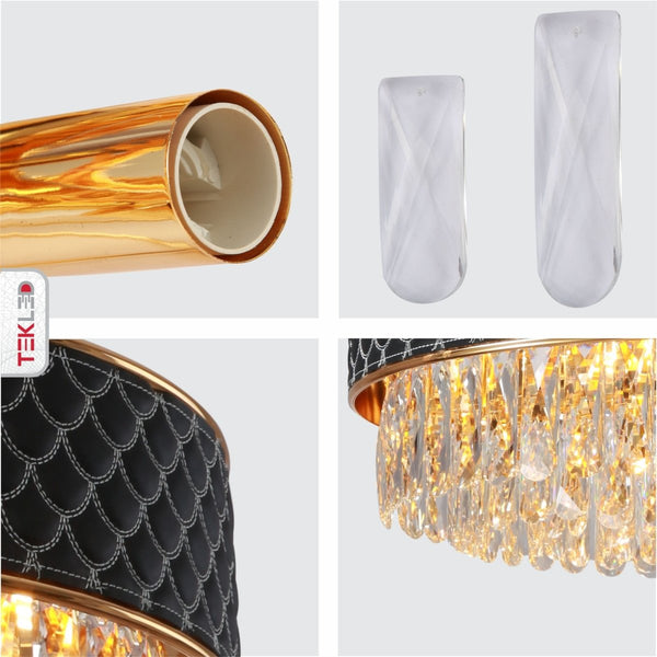 Black or Cream Leather Shade Gold Metal Body Crystal Chandelier Ceiling Light E14