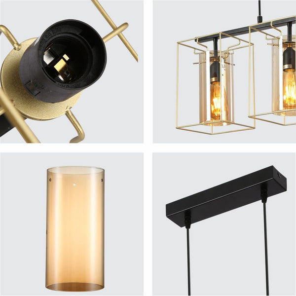 TEKLED Gold Metal Cage Amber Cylinder Glass Pendant or Island Ceiling Light E27 Fitting - Single or Triple