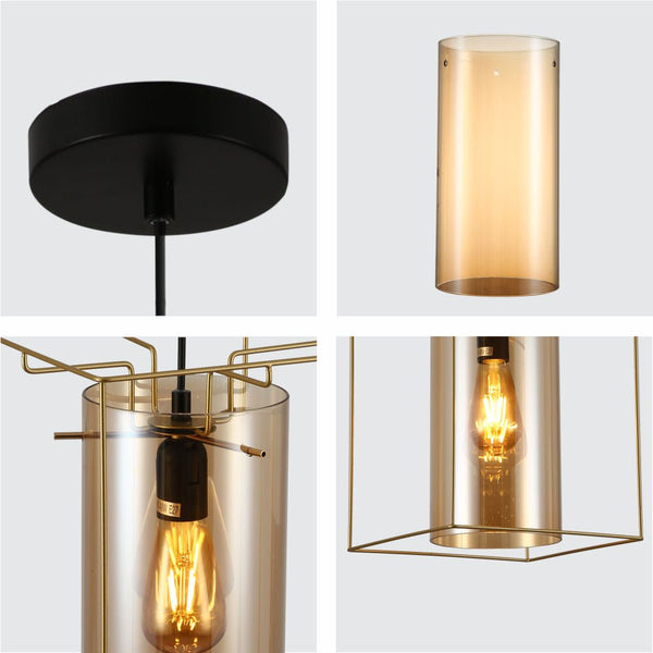 Gold Metal Cage Amber Cylinder Glass Pendant or Island Ceiling Light E27 Fitting