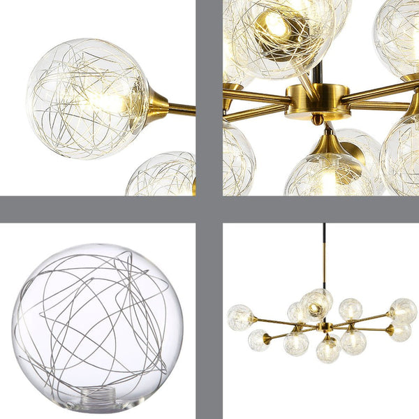 TEKLED Gold Metal Sputnik Clear Globe Glass Chandelier Ceiling Light 12xG9 Fittings