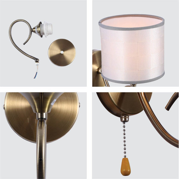 Grey Fabric Shade Antique Brass Hook Metal Vintage Retro Classic Wall Light with Pull Down Switch E27 Fitting