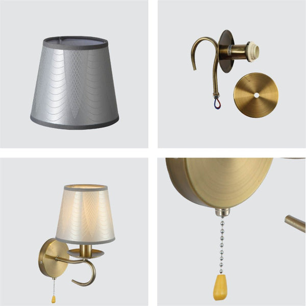 Grey Frustum Fabric Shade Antique Brass Vintage Wall Light E14 Pull Down Switch