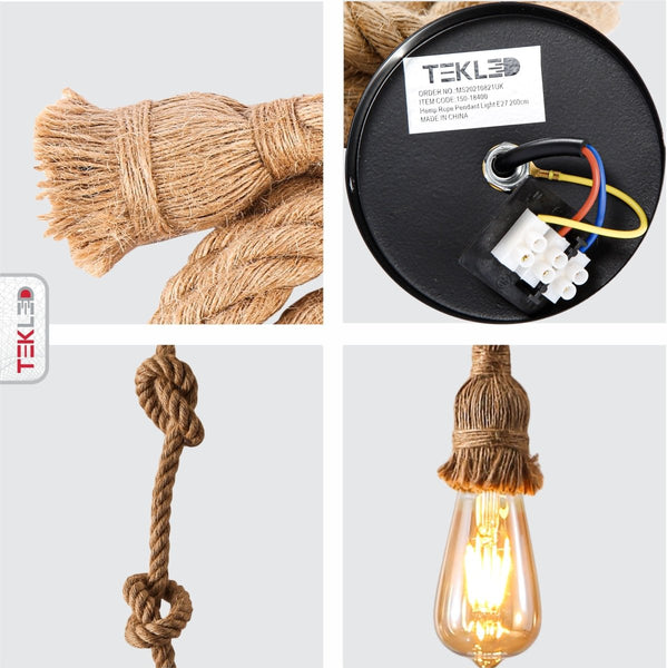 Farmhouse Rustic Hemp Rope Pendant Ceiling Light E27 Fitting