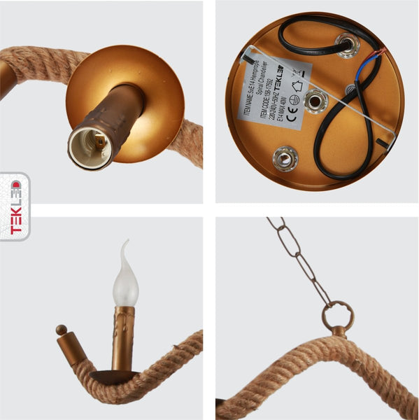 Hemp Rope Spiral Island Ceiling Chandelier Light 5xE14