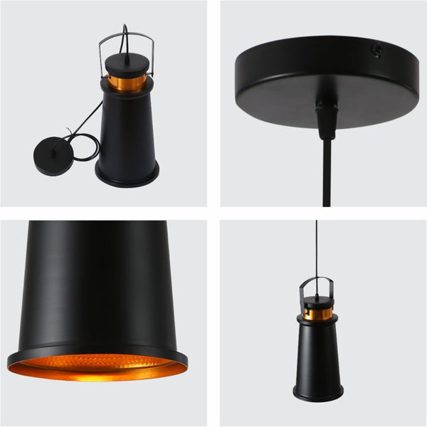 Loft Cafe Bar Counter Exhibition Hall Pub Aisle Black Gold Funnel Handled Metal Pendant Ceiling Light