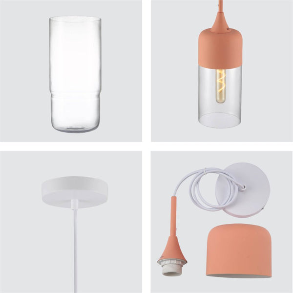 Macaron Salmon Pink-Olive Green-Mustard Yellow Cylinder Glass Pendant Ceiling Light E27 Fitting