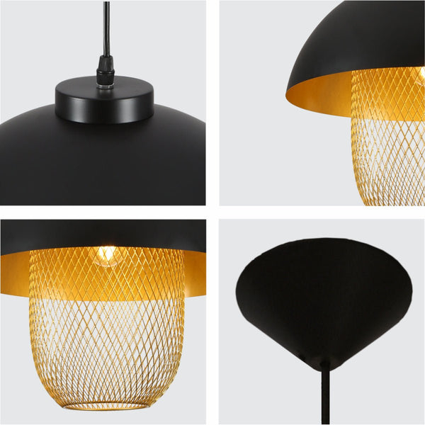 Matte Gold Caged Shade with Black Dome Top Pendat Ceiling Light E27 Fitting