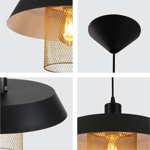 Matte Gold Caged Shade with Black Flat Top Pendat Ceiling Light E27 Fitting
