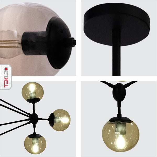Molecule Shape Black Rod Metal Amber Glass Globe Chandelier Ceiling Light