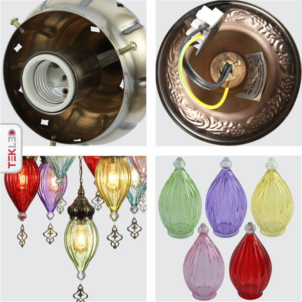 Moroccan Style Antique Brass and Multi Colour Glass Ceiling Chandelier Pendant Light E27