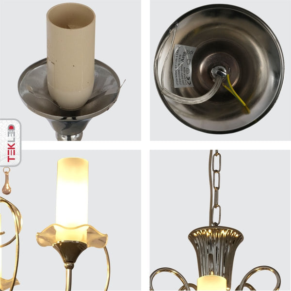 Opal Cylinder Glass Chrome Candle Metal Arm Ceiling Chandelier Light E14