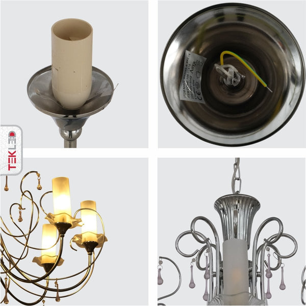 Opal Cylinder Glass Chrome Candle Metal Arm Ceiling Chandelier Light E14