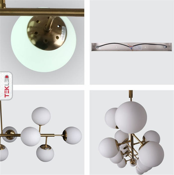 Modern Molecule Style Amber Smoky Opal Glass Globe Gold Black Metal Body Island Chandelier Ceiling Light