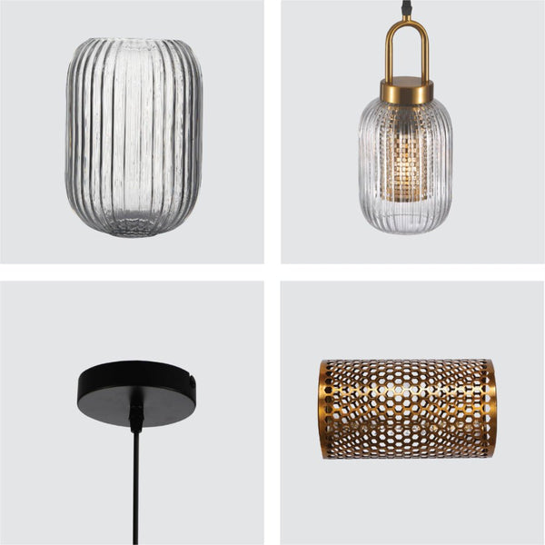 Sawyer Ribbed Fluted Reeded Maloto Lantern Clear Glass Pendant Ceiling Light E27 Gold Handled