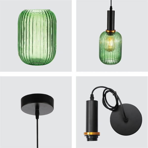 Sawyer Ribbed Fluted Reeded Maloto Lantern Green Glass Pendant Ceiling Light E27 Black Metal Top