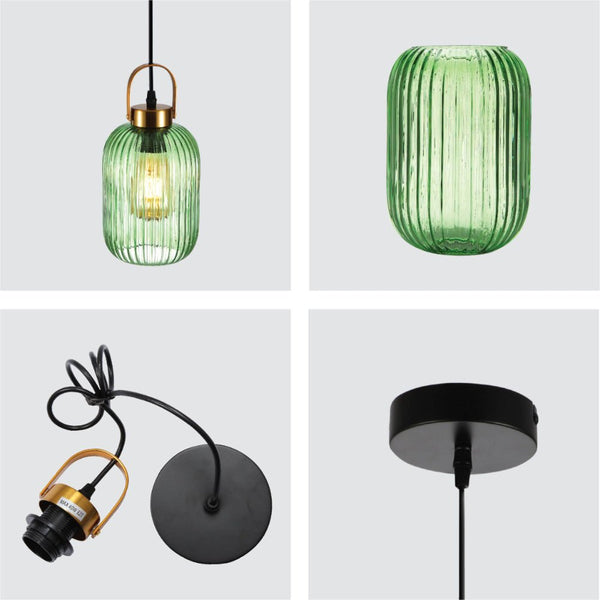 Sawyer Ribbed Fluted Reeded Maloto Lantern Green Glass Pendant Ceiling Light E27 Gold Handled