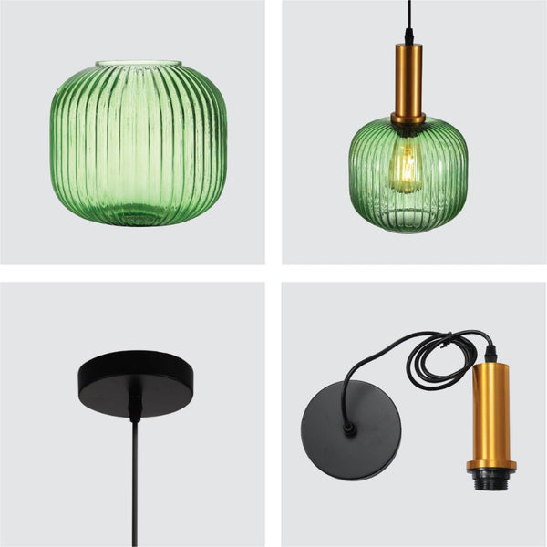 Sawyer Ribbed Fluted Reeded Maloto Lantern Green Opal Purple Amber Glass Pendant Ceiling Light E27 Gold Metal Top