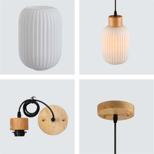 Sawyer Ribbed Fluted Reeded Maloto Lantern Opal Glass Pendant Ceiling Light E27 Wood Top
