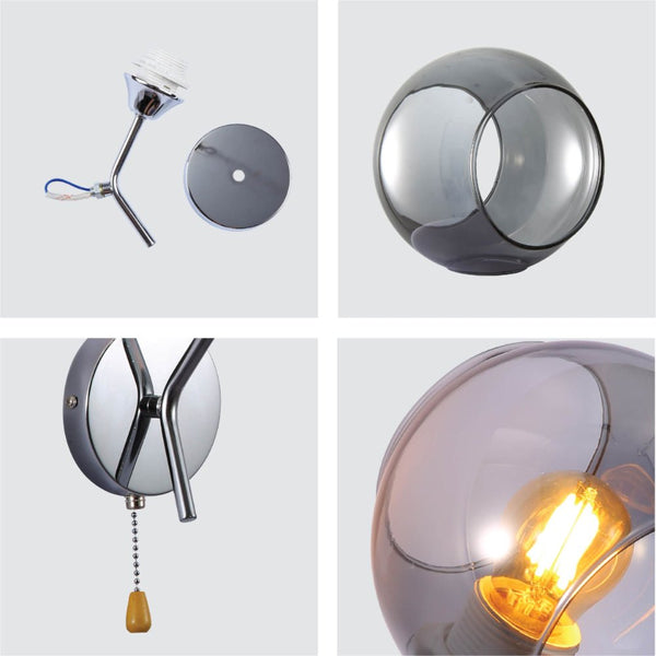 Smoky Barrel Glass Chrome Metal Body Sputnik Modern Wall Light with Pull Down Switch E27 Fitting