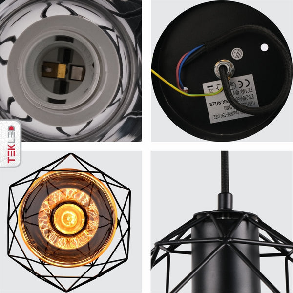 Smoky or Copper Glass Dome Black or Gold Metal Cage Pendant Ceiling Light E27