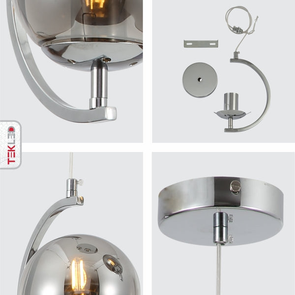Amber or Smoky Glass Globe Crescent Gold or Chrome Metal Modern Ceiling Pendant Light