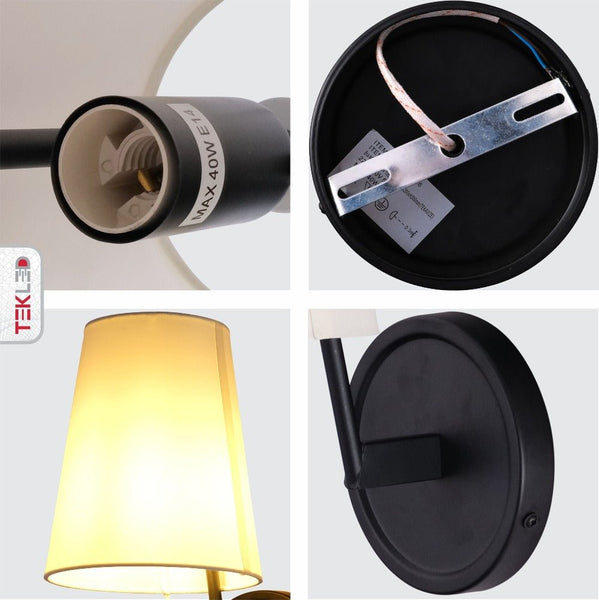 White Fabric Black Metal Body Wall Light E14 Fitting