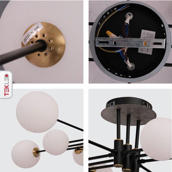 White Globe Glass Black Rod Body Semi Flush Ceiling Light 8xG9