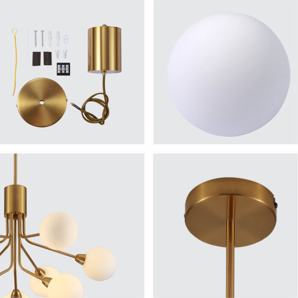 TEKLED White Globe Glass Gold Arm Body Pendant Chandelier Ceiling Light G9 - 9 Globe or 12 Globe.