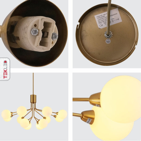 TEKLED White Globe Glass Gold Arm Body Pendant Chandelier Ceiling Light G9 - 9 Globe or 12 Globe.