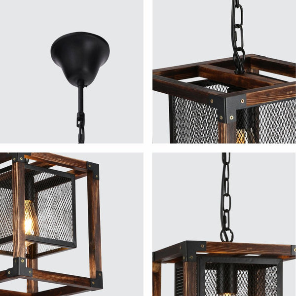 Wood Cube Black Cage Lantern Rustic Pendant Ceiling Light E27