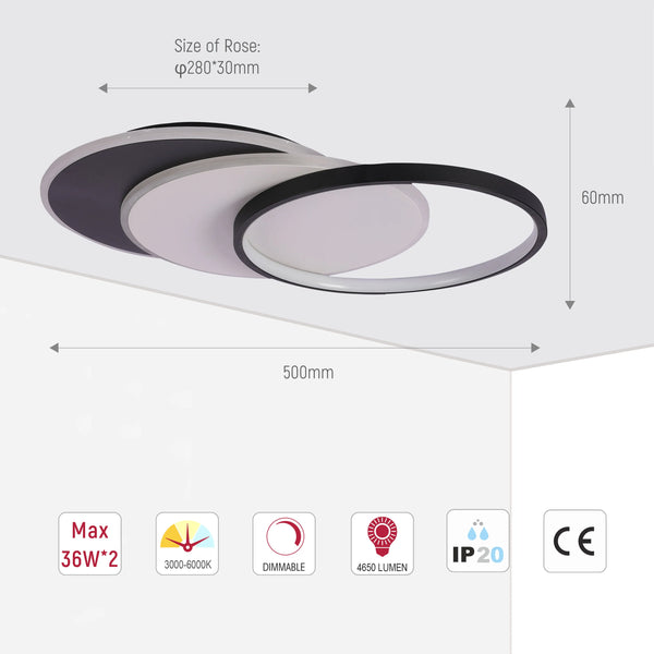 Dimmable CCT Tunable Overlapping Tray LED Ceiling Light with Remote for Bedrooms & Living Rooms
