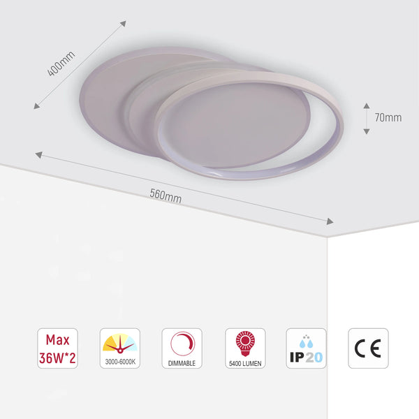 Dimmable CCT Tunable Overlapping Tray LED Ceiling Light with Remote for Bedrooms & Living Rooms