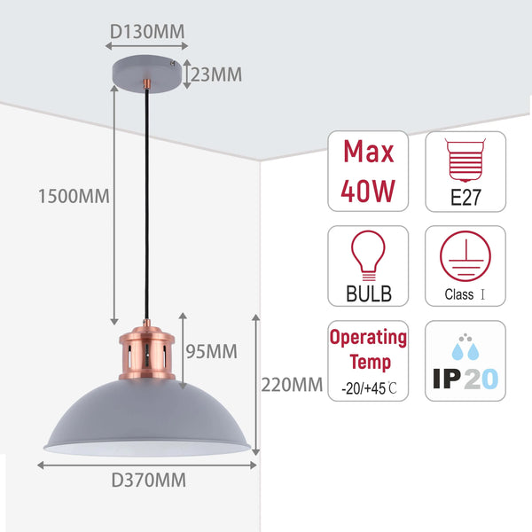 Dome Pendant Light with Copper Fitting - E27, Dimmable, 370mm Diameter