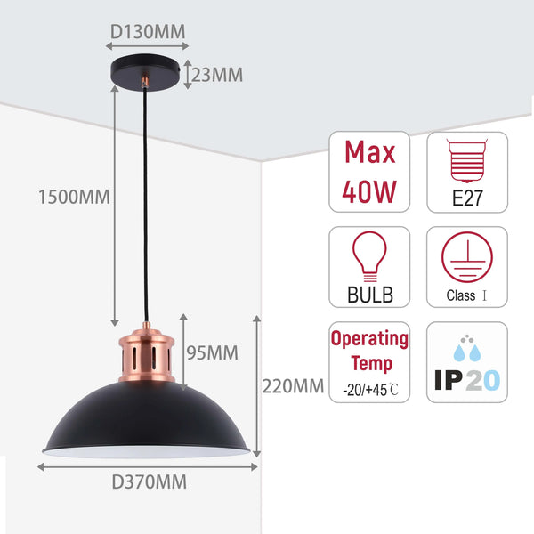 Dome Pendant Light with Copper Fitting - E27, Dimmable, 370mm Diameter