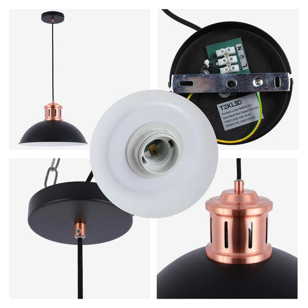 Dome Pendant Light with Copper Fitting - E27, Dimmable, 370mm Diameter