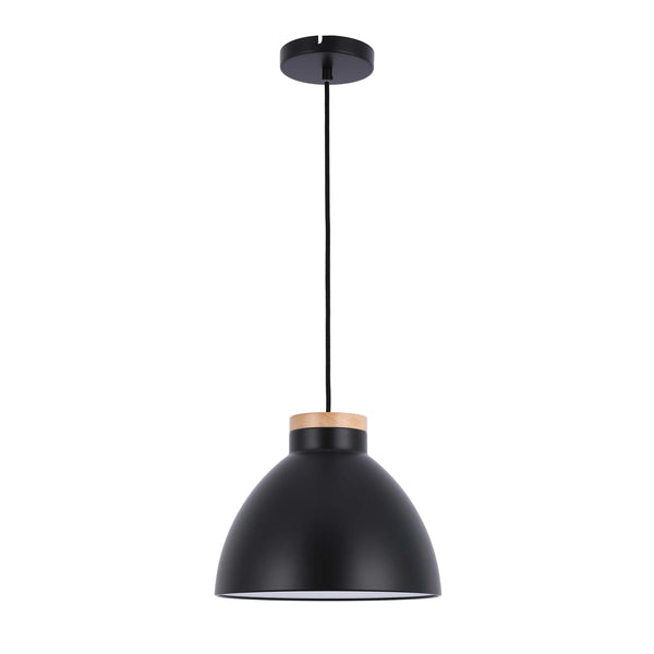 Dome Pendant Light with Wooden Accent - E27 Fitting, 40W Max, IP20