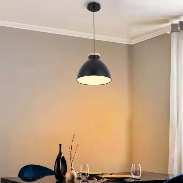 Dome Pendant Light with Wooden Accent - E27 Fitting, 40W Max, IP20