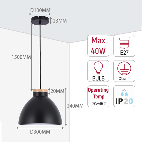 Dome Pendant Light with Wooden Accent - E27 Fitting, 40W Max, IP20