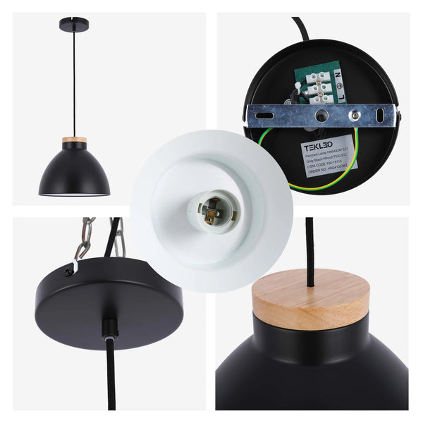 Dome Pendant Light with Wooden Accent - E27 Fitting, 40W Max, IP20