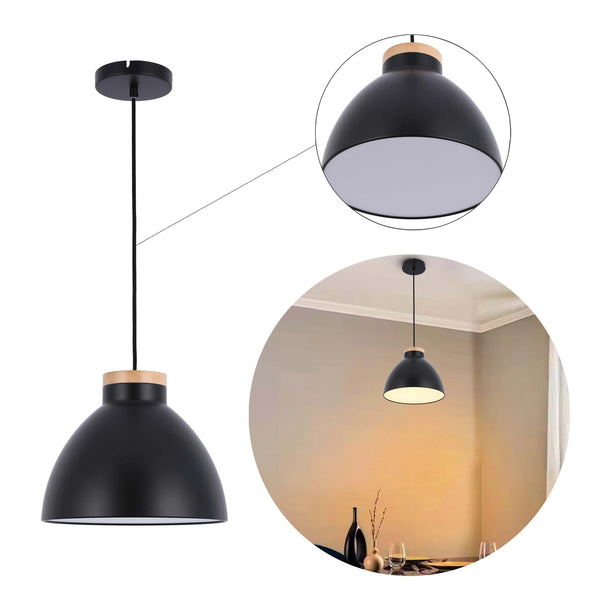 Dome Pendant Light with Wooden Accent - E27 Fitting, 40W Max, IP20