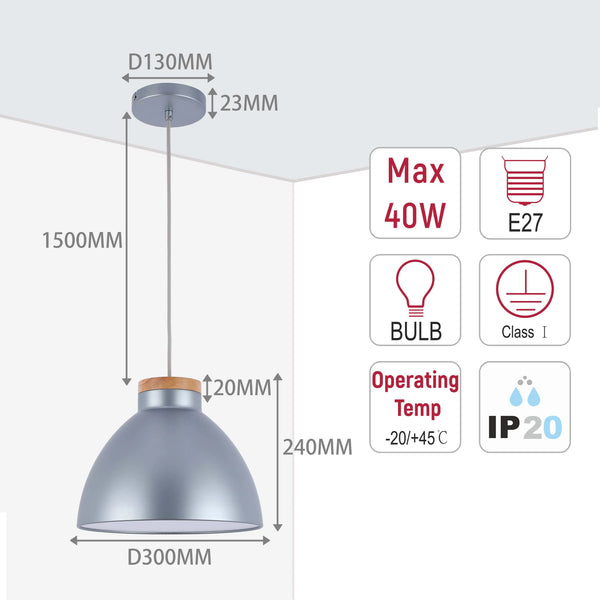 Dome Pendant Light with Wooden Accent - E27 Fitting, 40W Max, IP20