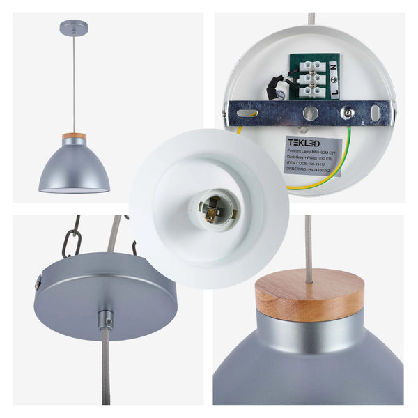 Dome Pendant Light with Wooden Accent - E27 Fitting, 40W Max, IP20