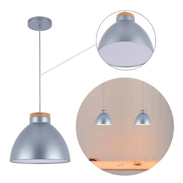 Dome Pendant Light with Wooden Accent - E27 Fitting, 40W Max, IP20