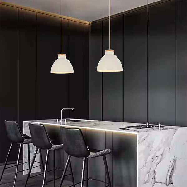 Dome Pendant Light with Wooden Accent - E27 Fitting, 40W Max, IP20