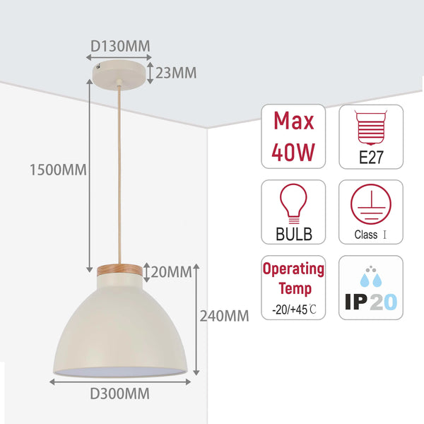 Dome Pendant Light with Wooden Accent - E27 Fitting, 40W Max, IP20