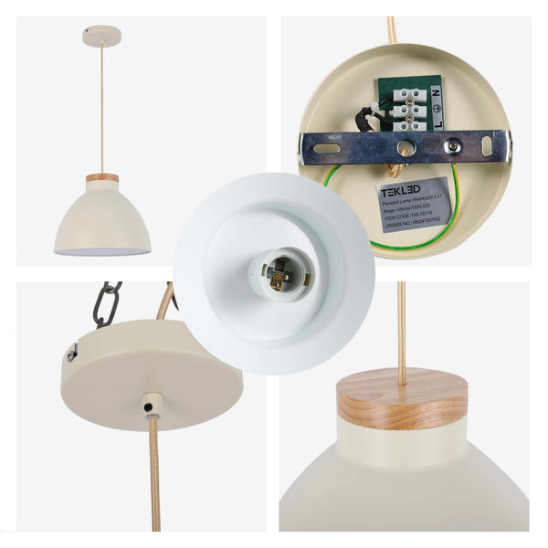 Dome Pendant Light with Wooden Accent - E27 Fitting, 40W Max, IP20